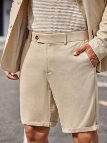 Manfinity VCAY Men's 2pcs Woven Leisure Suit, Short Fitted Blazer And Straight-Leg Trousers, Spring/Summer - Khaki - View 3