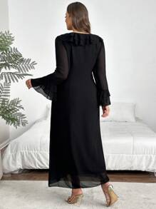 SHEIN Privé Elegant And Delicate Plus Size Black V-Neck Chiffon Dress With Ruffled Edges For Women - Black - View 2