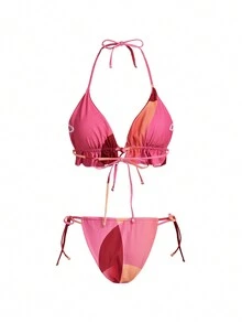 Ishaarah 设计师对比色吊带三角比基尼套装夏季海滩、女士服装、夏季、度假 - 彩色 - 查看 2