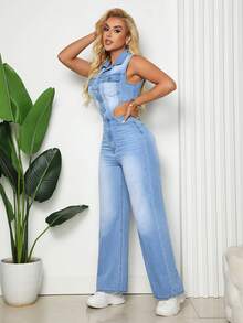 SHEIN SXY Cut Out Waist Denim Jumpsuit For Summer - Light Wash - View 6