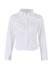 INAWLY Women's Solid Color Front Button Summer Elegant Shirt - White - View 6