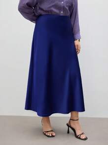 BizChic Falda noble y elegante de talla grande de satén tejido de unicolor - Azul Marino - Ver 7