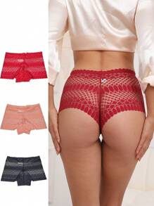 3pcs Solid Color Lace Spliced See-Through Women's Briefs