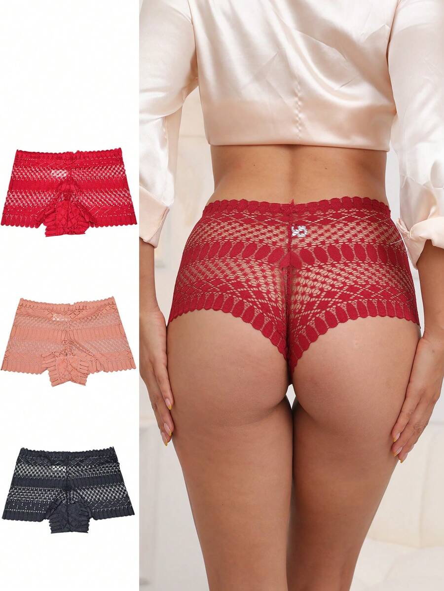 3pcs Solid Color Lace Spliced See-Through Women's Briefs