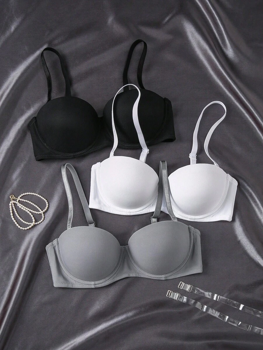 Women's Solid Color Spaghetti Strap Bra, 3pcs/Set - Multicolor - View 1