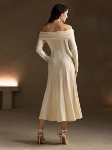 Anewsta Váy chữ A dài tay trễ vai phong cách Pháp có eo thắt, hoàn hảo cho những bữa tiệc nhỏ, trang phục Maxi dành cho nữ - trắng - Xem 2