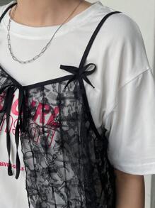 FRIFUL Ladies' Solid Color Simple Daily Wear Lace Bowknot Tie Back Tank Top - Black - View 6