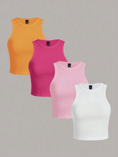 SHEIN Essnce 4pcs Women's Crop Top Tank Top, Sexy Slim Fit, Suitable For Summer Back To School