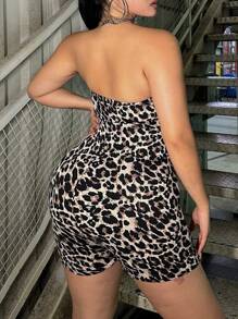 Flirla Mono de leopardo de moda de verano de talla grande, ajuste delgado