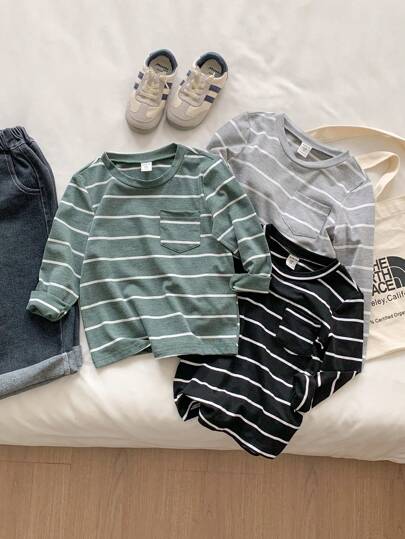 SHEIN Genkimix Kids 3pcs/Set Young Boy Striped T-Shirt, Autumn/Winter Base Layer