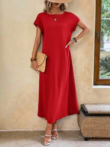 EMERY ROSE 女士短袖圓領純色夏季連衣裙 - 紅色 - 查看 5