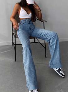 EURMUSE Quần jean ống đứng viền thô 100% cotton - Rửa trung bình - Xem 3