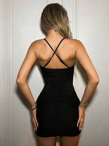 SHEIN ICON Y2k Clothes Homecoming Dresses Plunge Ruffle Cup Sleeveless Tight-Fitting Dress With Metal Circle Cutouts And Bodycon Design - Black - View 3