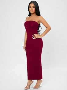 SHEIN PETITE Váy xẻ lưng ống mùa hè dành cho nữ - Màu Đỏ Sâu - Xem 5