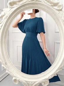 Modelyn Women's Solid Color Round Neck Pleated Arab Summer Elegant Dress - Teal Blue - View 1