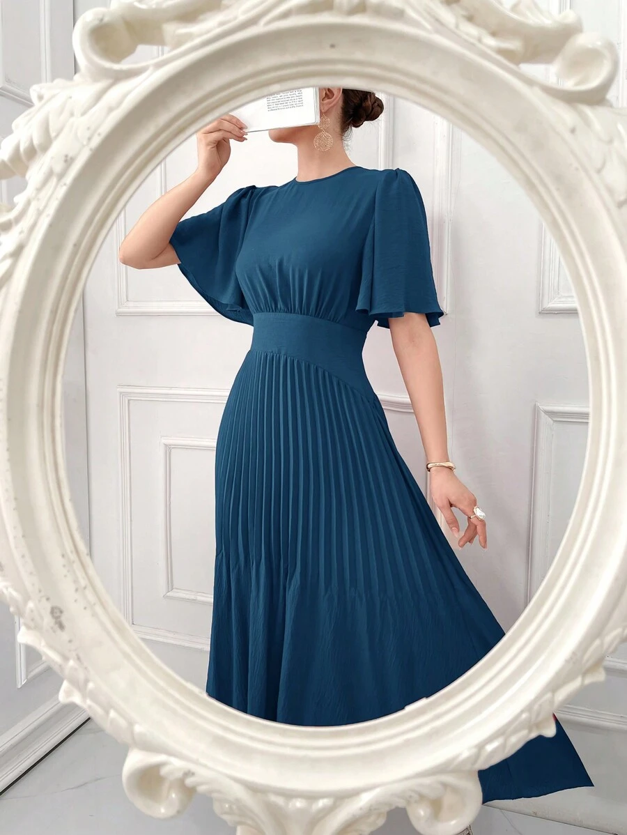 Modelyn Women's Solid Color Round Neck Pleated Arab Summer Elegant Dress - Teal Blue - View 1