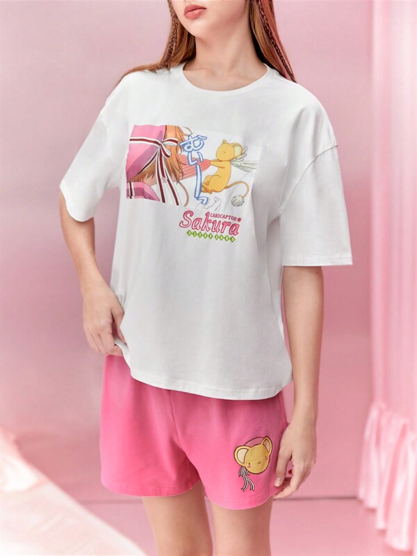 CARDCAPTOR SAKURA | SHEIN Set de pijamale cu mâneci scurte și pantaloni scurți cu desene animate și cu litere imprimate de vară pentru femei