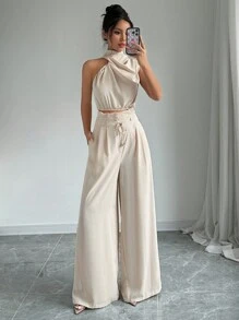 Firerie Conjunto de dos piezas para mujer con top de cuello apilado elegante color albaricoque y pantalones de pierna ancha, ropa de maestra, pantalones ligeros y cómodos, conjunto de dos piezas con top sin mangas asimétrico, adecuado para primavera, verano y otoño, conjunto de dos piezas con pantalones holgados, conjunto de dos piezas de diseñador, atuendo para mujeres para conciertos, vestido de noche elegante, adecuado para uso diario, fiestas, temporada de graduación, temporada de bodas, disfraces para actuaciones - Caqui - Ver 5