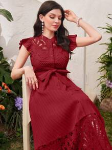 Modelyn Vestido largo de mujer de color rojo burdeos de uso diario sencillo con cinturón, vestido de noche para mujer