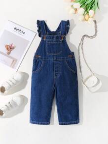 SHEIN Playful Pals Cute Washed Denim Overalls For Baby Girls, Versatile Daily Wear