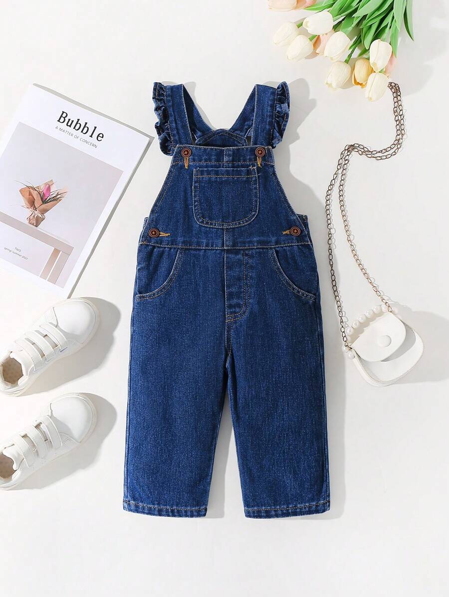 SHEIN Playful Pals Cute Washed Denim Overalls For Baby Girls, Versatile Daily Wear