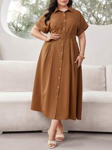 Mulvari Plus Size Solid Color Belted Batwing Sleeve Summer Dress - Brown - View 6