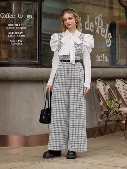 SHEIN MOD Vintage klassisk pläd metallspänne Faux Pearl Decor Ärmlösa byxor med vida ben, fritidskläder