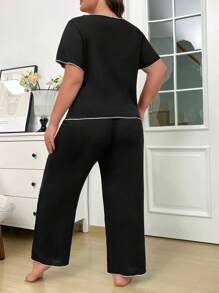 Plus Size Ribbed Colorblocked Trim V-Neck Short Sleeve Top And Pants Pajama Set - Black - View 2