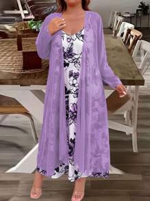 EMERY ROSE Bộ 2 Chiếc Áo Cardigan Dài Tay Màu Trơn Ngày Lễ Plus Kích Thước & Áo Yếm In Hoa Bộ 2 Chiếc - Màu tím hoa cà - Xem 5