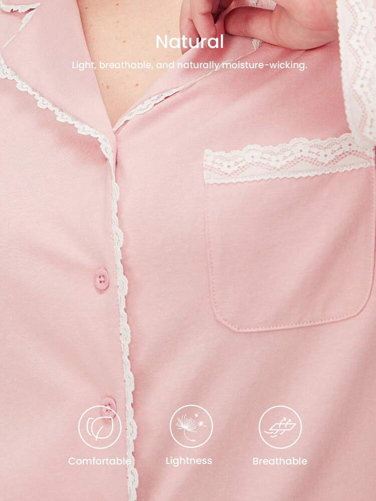 Soft 100% Pure Cotton With Lace Trim Long Women Pink Pajama Set Lounge Sets For Women Pants With Pockets Lingerie Bridal Intimates Clothes Wedding Items Cotton Pajamas