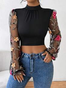 SHEIN ChicEase 網眼刺繡拼接後鈕后繫緊致短款立領上衣 - 黑色 - 查看 4