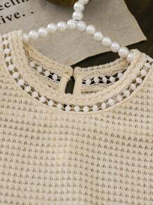 SHEIN LMoss Kids LMoss Young Girl Knitted Solid Color Round Neck Lace Ruffle Trim Fitted T-Shirt - Apricot - View 7