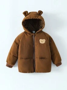 Young Girls Cute Bear Zipper Hooded Long Sleeve Padded Coat, For Fall/Winter Outdoors - Brown - View 9