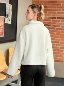 SHEIN MOD Sweat-shirt épais zippé, coupe ample, col montant, avec faux col de mouton et bordure en PU, pour l'automne/l'hiver - Blanc - Voir 3