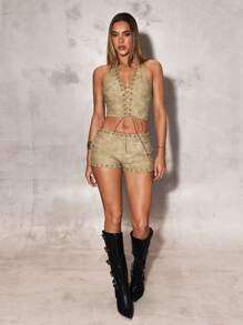 SHEIN BAE Women's Metal Ring Tie Neck Holiday Tank Top, Summer - Khaki - View 4