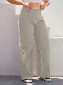 Cloudara Jeans De Mujer De Talla Grande De Color Sólido Con Pantalones Anchos Y Bolsillos Inclinados - Beis - Ver 4