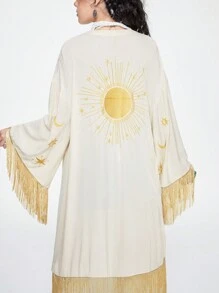 ROMWE Hippie Camiseta de manga larga para mujer con estampado de girasol y decoración de flecos