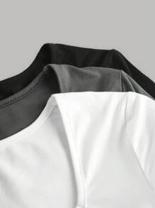 SHEIN Girlism Conjunto de camiseta de gola redonda para meninas adolescentes, 3 peças, preto/branco/cinza, de malha, perfeito para camadas
