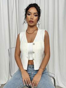 Elenzga Chaleco de suéter de punto sin mangas de cuello en V profundo y ajustado de moda para mujer, llegada nueva en 2024