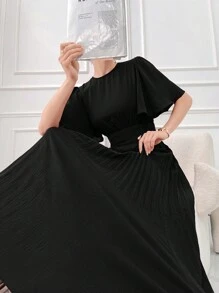 Modelyn 女士純色圓領蝴蝶袖褶皺優雅連衣裙 - 黑色 - 查看 4