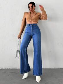 EURMUSE High Waisted Straight Leg Jeans - Medium Wash - View 3