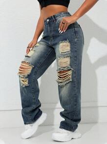 Y2K 嘉年华街紫色高腰侧袋直筒牛仔裤 - 藏蓝色 - 查看 7