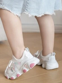 Girls' Casual Sports Shoes, Breathable Colorful Mesh Sneakers, Lightweight Running Shoes, Chunky Sneakers, Toddler Walking Shoes - White - View 3