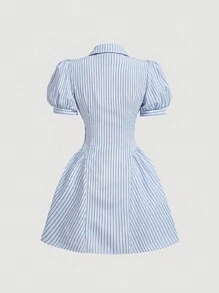 SHEIN MOD Blue Striped Vintage Cute Puff Sleeve Bowknot Women's Dress Back To School Clothes Old Money Style Casual Women Dresses Teacher Shirts Homecoming Dresses - Blue - View 2