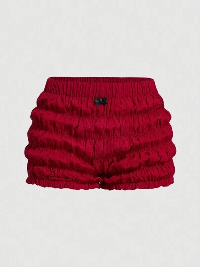 SHEIN MOD Plus Size Tomato Girl Cute Bowknot Ruffle Decor Mini Shorts For Women