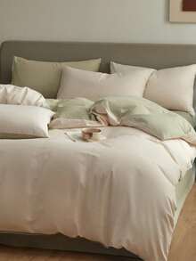 3pcs & Green Dorm Bedroom Bedding Set, Including 1pc Duvet Cover & 2pcs Pillowcases, Super Soft Machine Washable, Back To School Bedding - Creamy White - View 5