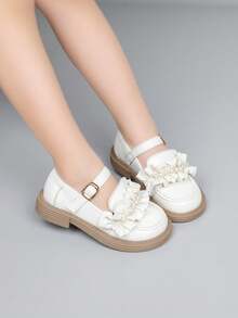 女孩公主皮鞋，春秋童鞋，柔軟鞋底，英式風格，學生鞋，瑪麗珍鞋，適合小女孩 - 米色 - 查看 4