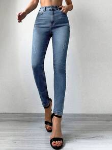 EURMUSE High Waist Cat Scratch Skinny Jeans - Dark Wash - View 4
