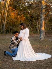 Maternity Gown Lantern Sleeves Baby Shower Dress Side Slit Photoshoot Maxi Dress For Baby Shower