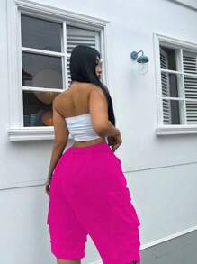 POPSWAY Plus Size Work Shorts With Covered Pockets And Drawstring Hem - Hot Pink - View 2